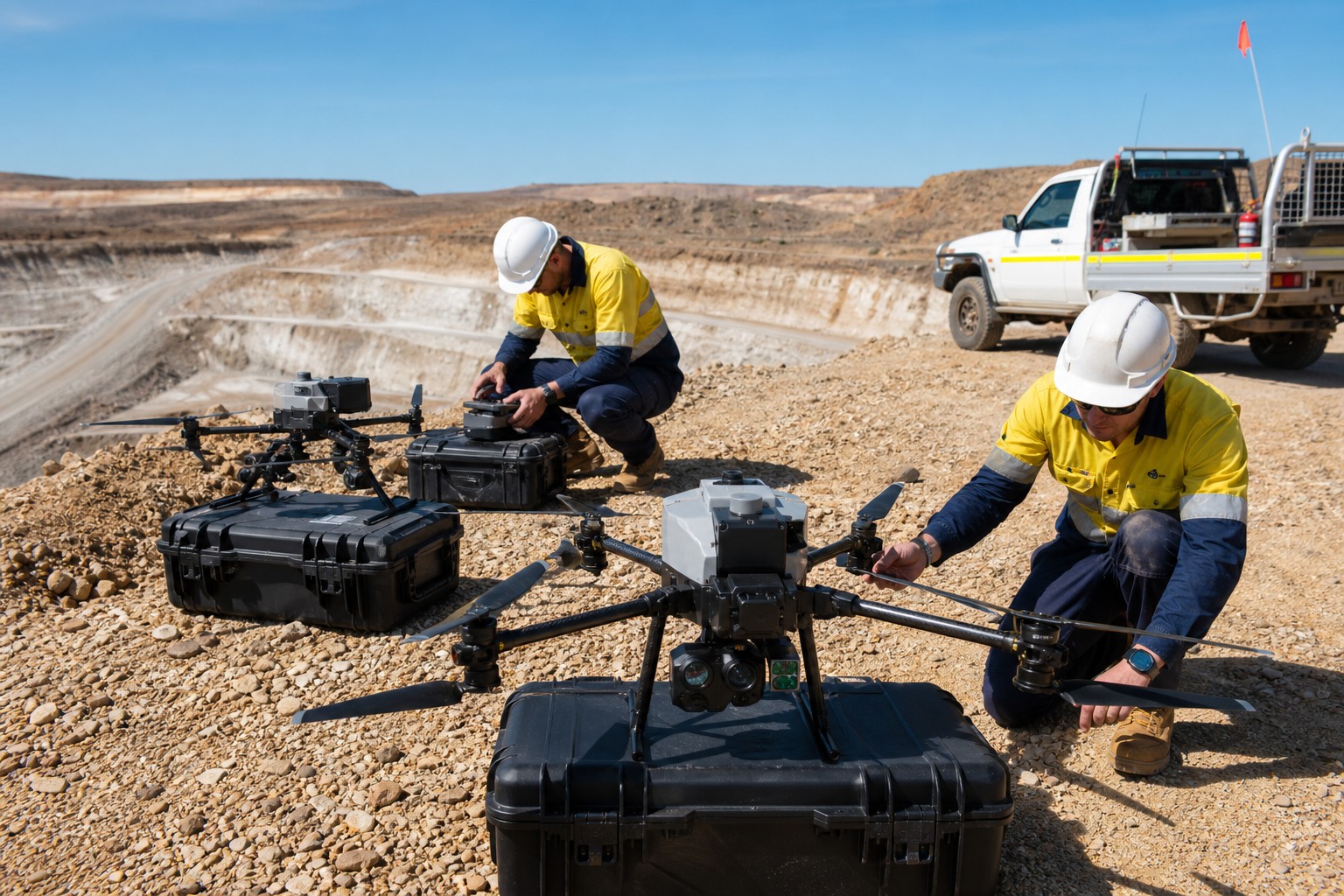 Commercial UAV fleet prepared on site by field technicians
