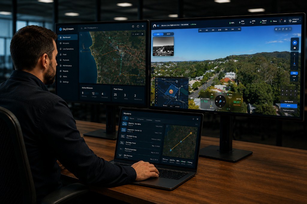 UAV operations centre with live maps, flight feeds, and mission control screens